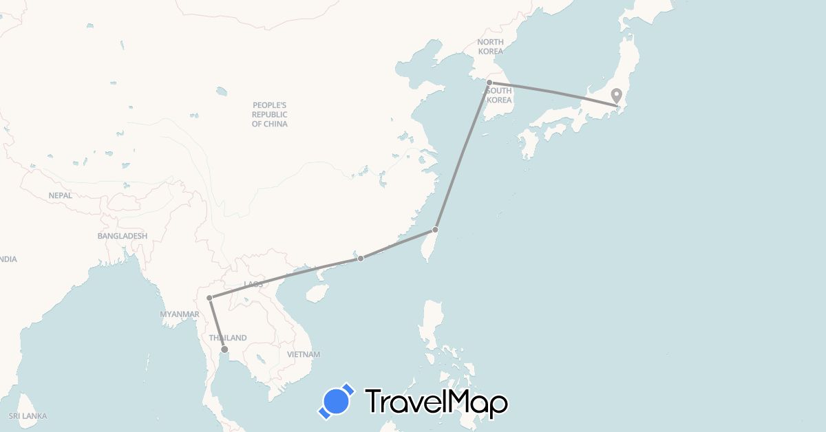 TravelMap itinerary: driving, plane in Hong Kong, Japan, South Korea, Thailand, Taiwan (Asia)